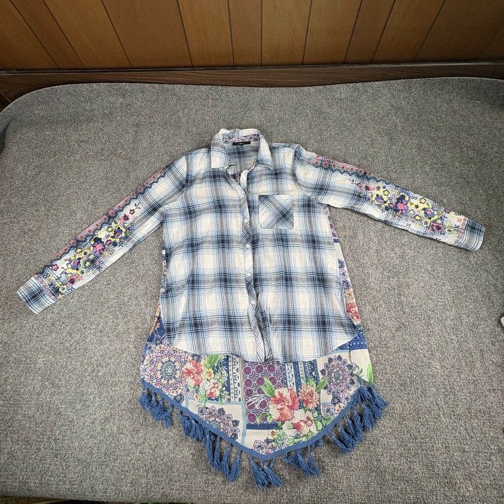Andree by Unit Boho Tunic Top M Blue Plaid‎ Floral Embroidered Patchwork Tassels - Picture 3 of 14